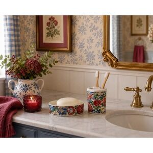 Vintage Floral Ceramic Bathroom Set Soap Dish & Toothbrush Holder